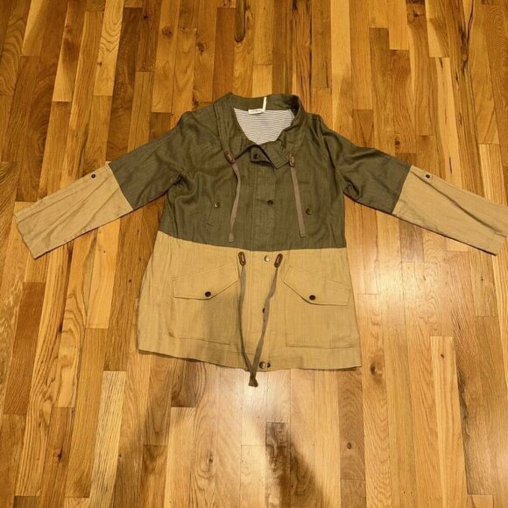 Blu Pepper Linen Blend Utility Jacket Block Full Zip L Pockets Button Up